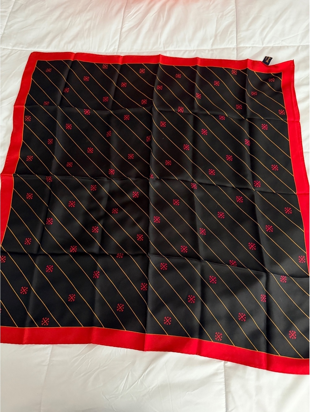 Vintage Black Red Patterned Square Silk Scarf